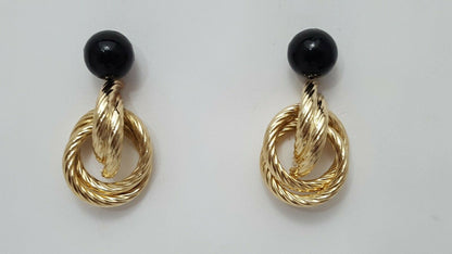 14K Yellow Gold Designer Dangle Hanging Black Ball Jacket Stud Earrings