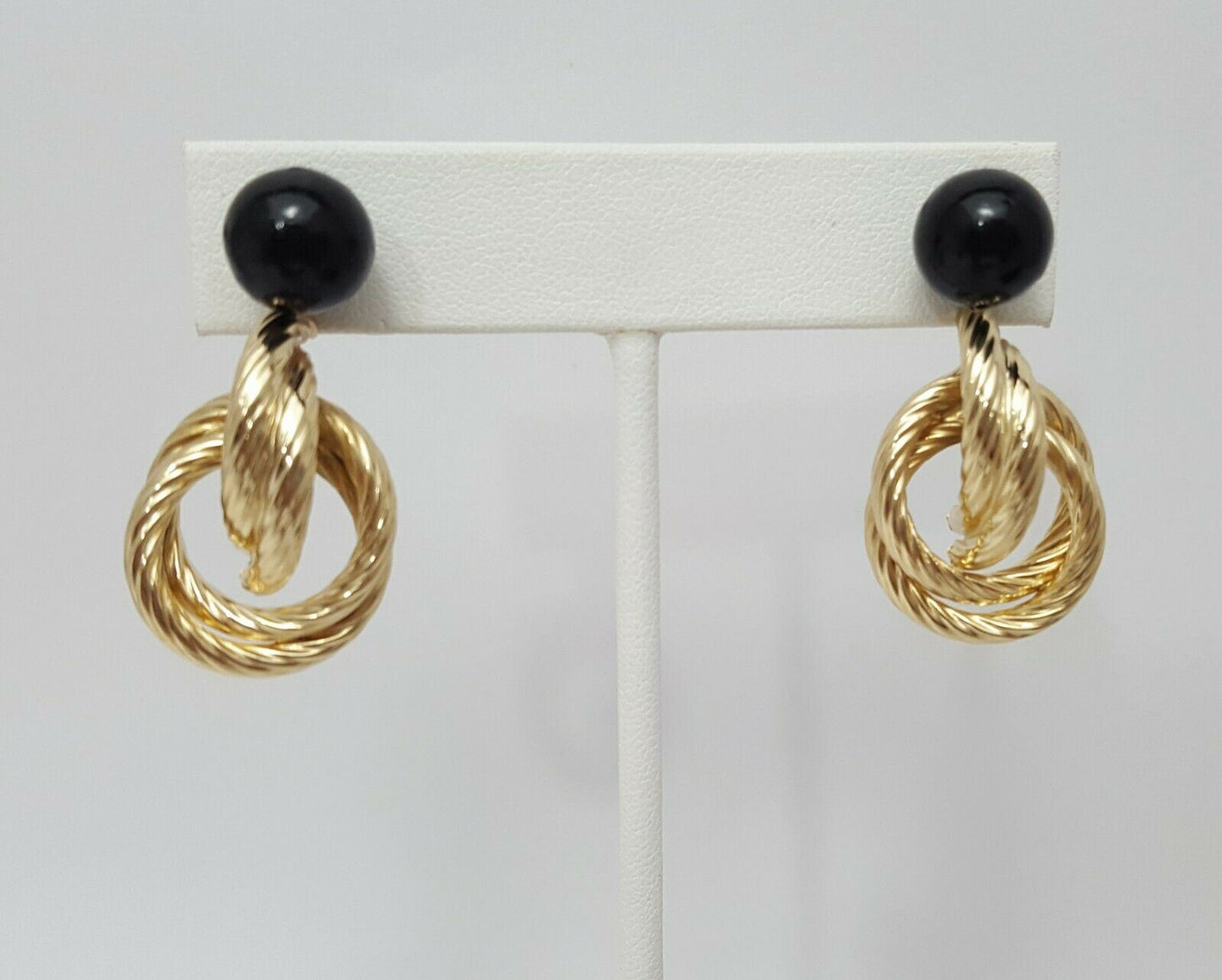 14K Yellow Gold Designer Dangle Hanging Black Ball Jacket Stud Earrings