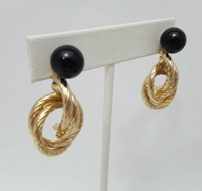 14K Yellow Gold Designer Dangle Hanging Black Ball Jacket Stud Earrings