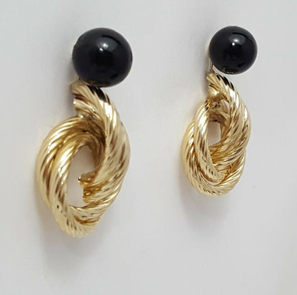 14K Yellow Gold Designer Dangle Hanging Black Ball Jacket Stud Earrings