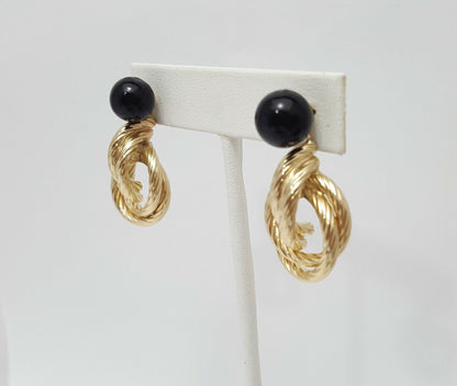 14K Yellow Gold Designer Dangle Hanging Black Ball Jacket Stud Earrings