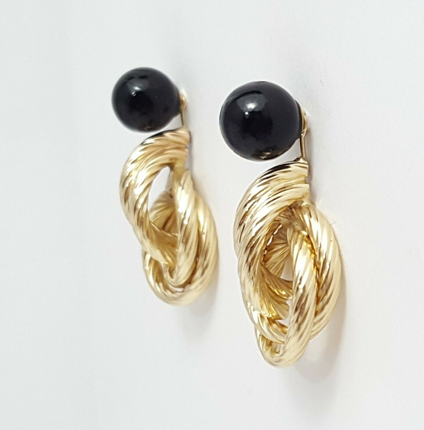 14K Yellow Gold Designer Dangle Hanging Black Ball Jacket Stud Earrings