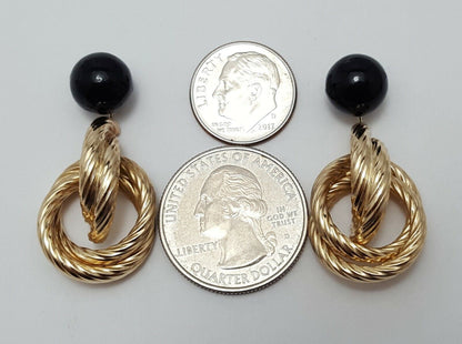 14K Yellow Gold Designer Dangle Hanging Black Ball Jacket Stud Earrings