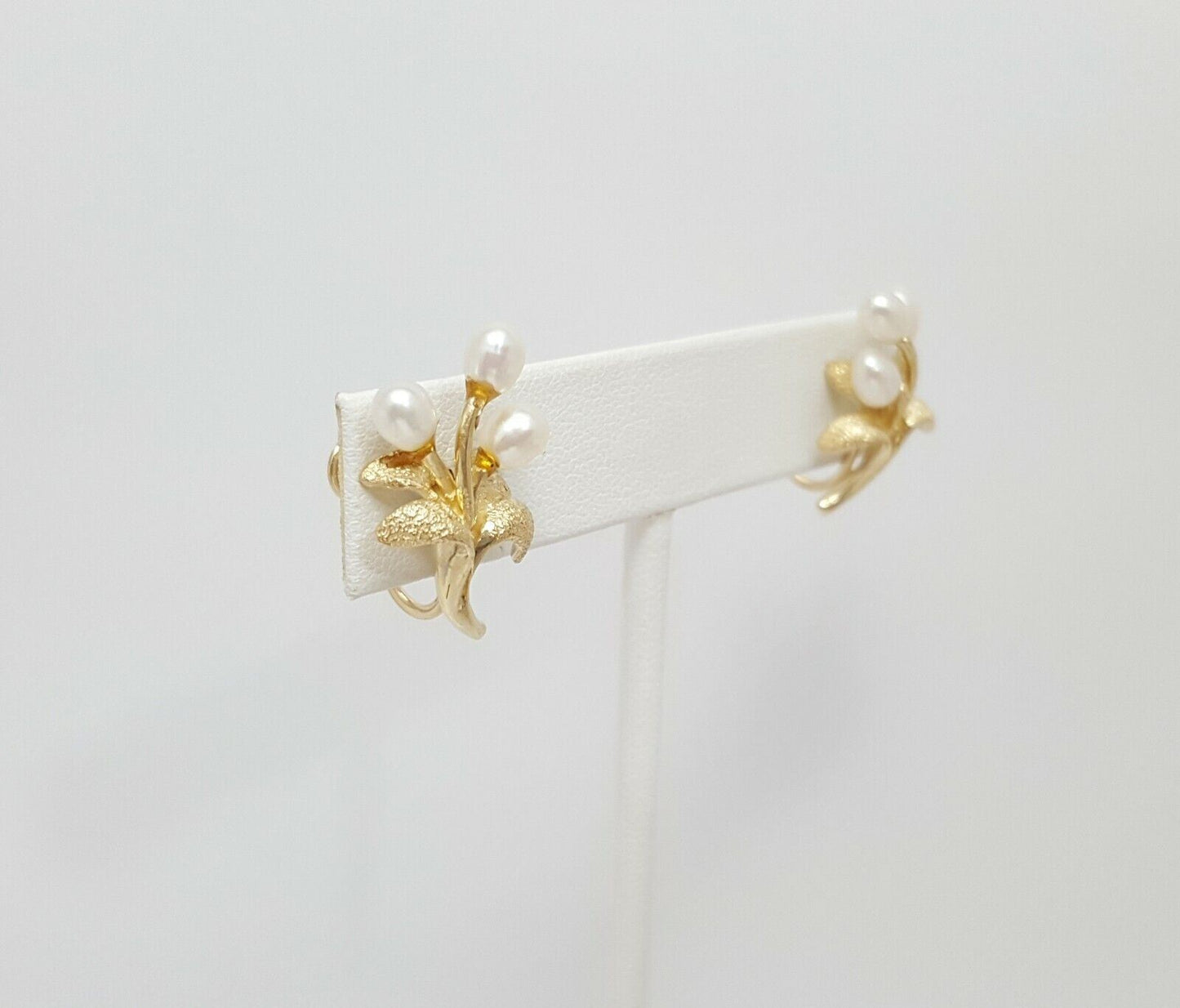 14K Yellow Gold Designer Hinged Screw Back Non-Pierced Pearl Earrings