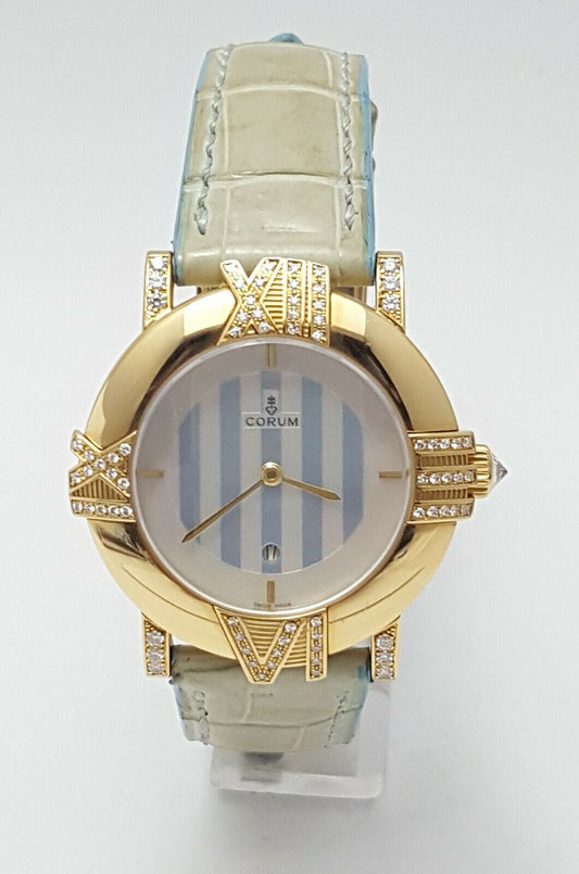 Corum 18kt Yellow Gold Diamond Mother of Pearl Alligator Leather Watch 49.301.65