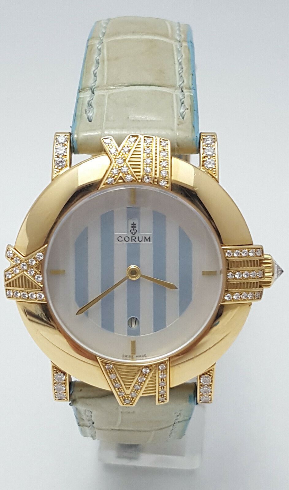 Corum 18kt Yellow Gold Diamond Mother of Pearl Alligator Leather Watch 49.301.65