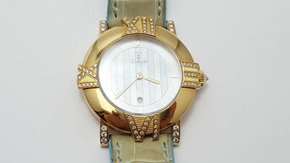 Corum 18kt Yellow Gold Diamond Mother of Pearl Alligator Leather Watch 49.301.65