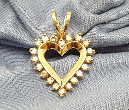 10K Solid Yellow Gold Open Heart Diamond Charm Pendant