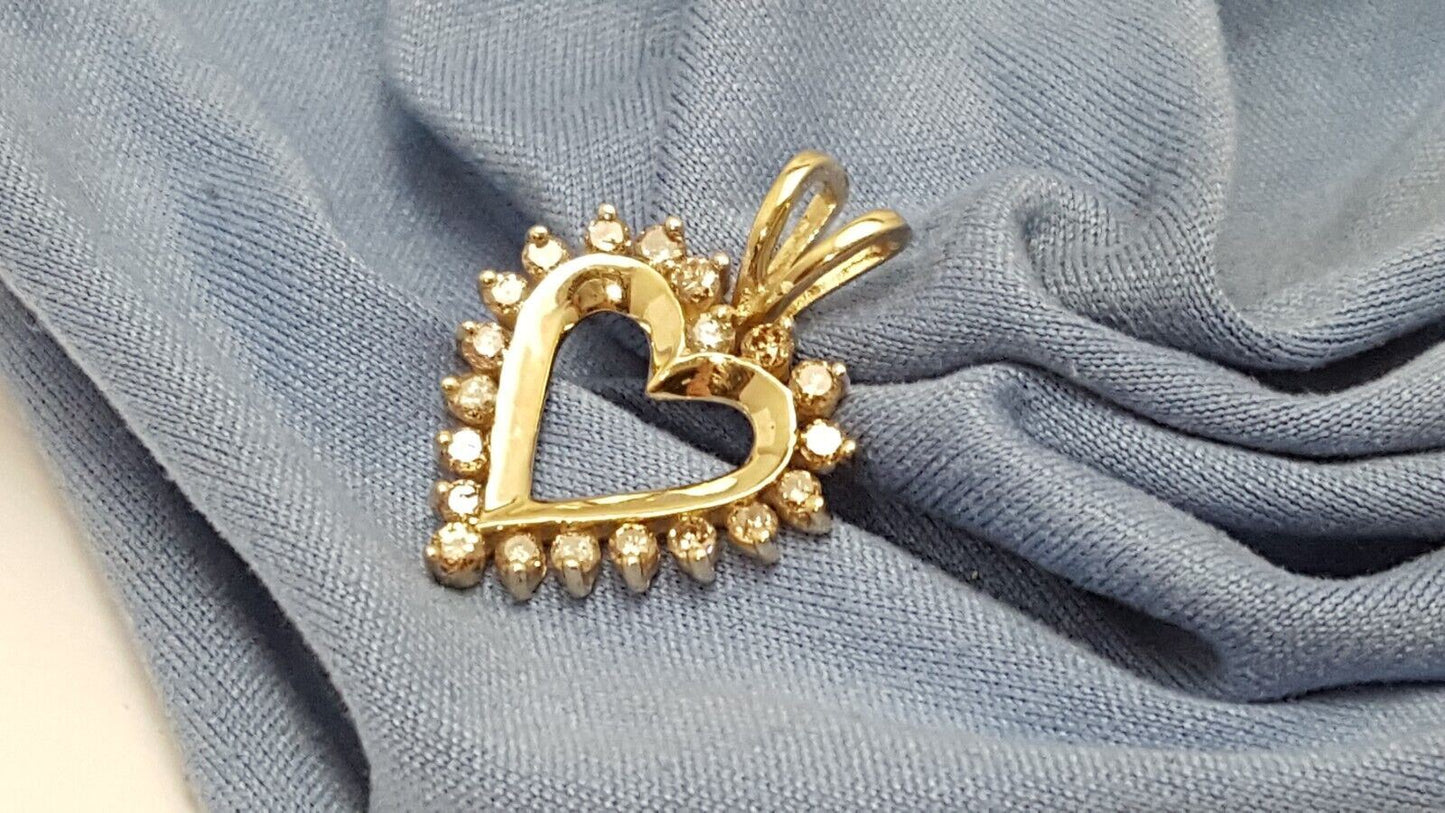 10K Solid Yellow Gold Open Heart Diamond Charm Pendant