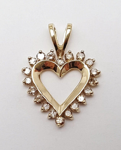 10K Solid Yellow Gold Open Heart Diamond Charm Pendant