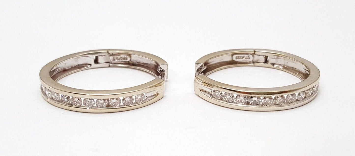 14K White Gold Designer Round Hoop Diamond Earrings