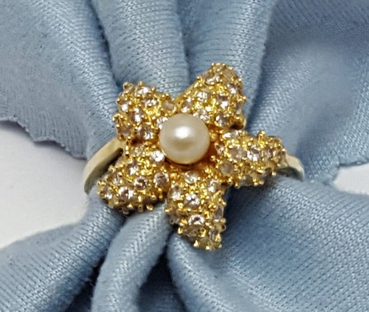 14k Yellow Gold Designer Starfish Sea Star Pearl & Cubic Zirconia Ring