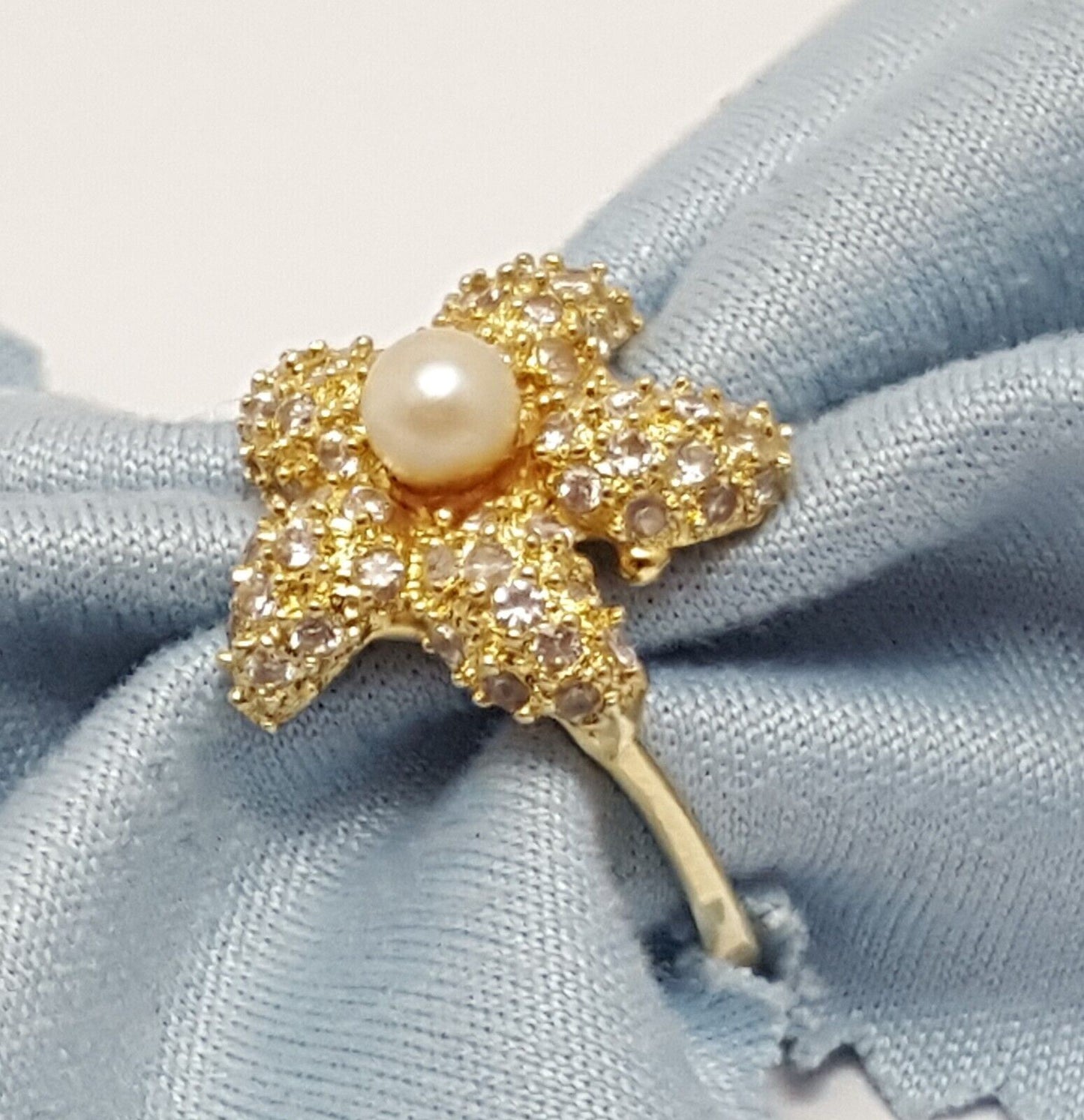 14k Yellow Gold Designer Starfish Sea Star Pearl & Cubic Zirconia Ring