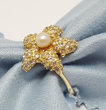 14k Yellow Gold Designer Starfish Sea Star Pearl & Cubic Zirconia Ring