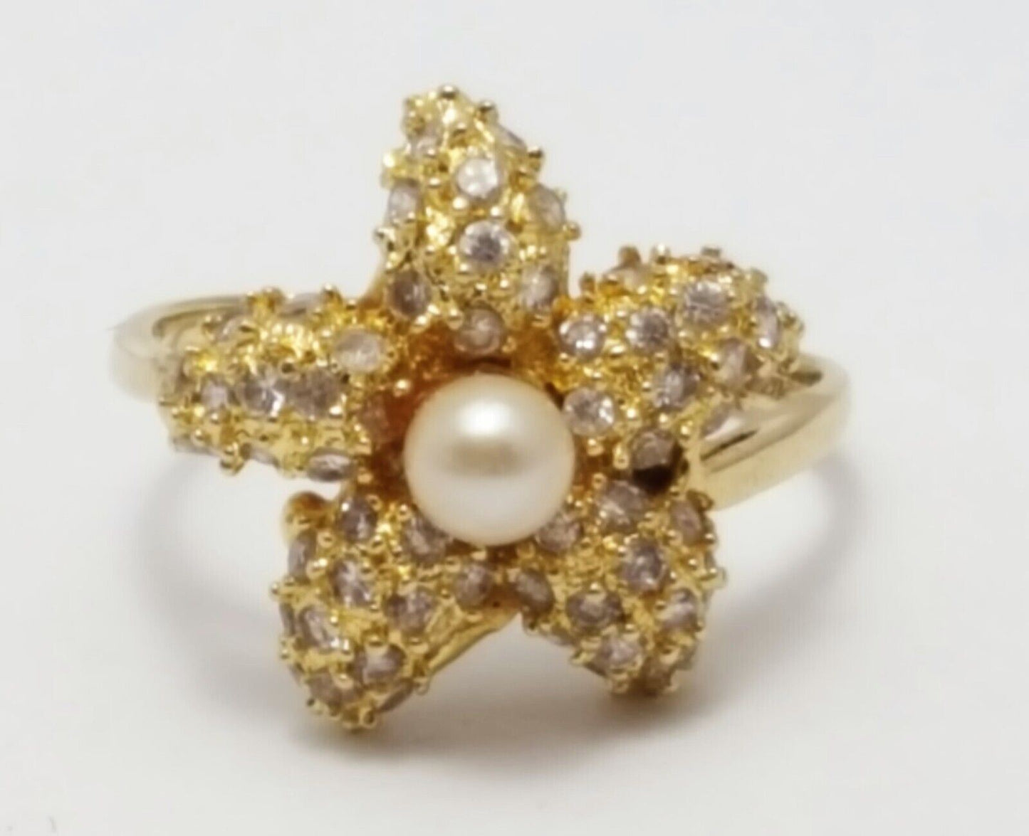 14k Yellow Gold Designer Starfish Sea Star Pearl & Cubic Zirconia Ring