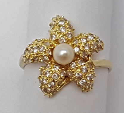 14k Yellow Gold Designer Starfish Sea Star Pearl & Cubic Zirconia Ring