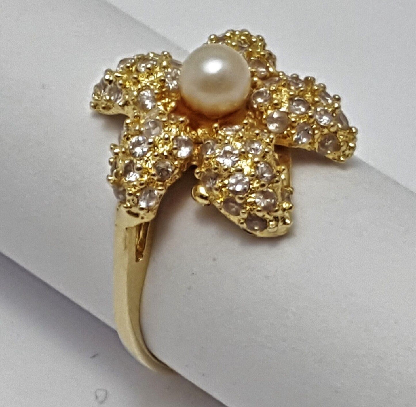 14k Yellow Gold Designer Starfish Sea Star Pearl & Cubic Zirconia Ring