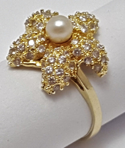 14k Yellow Gold Designer Starfish Sea Star Pearl & Cubic Zirconia Ring