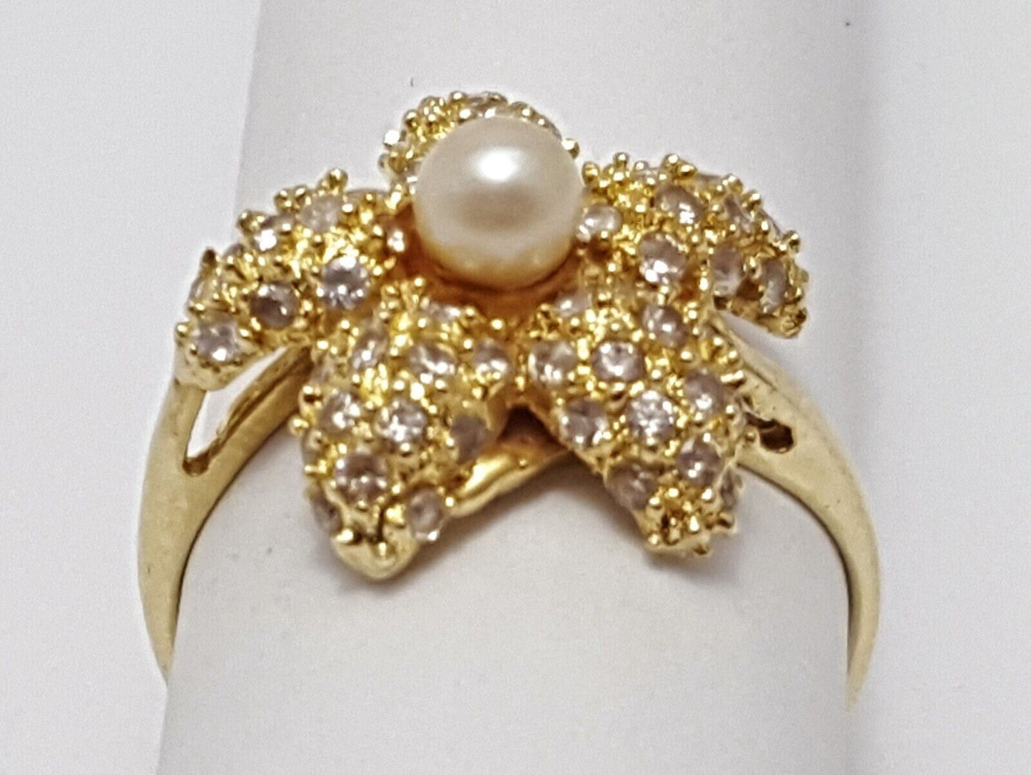 14k Yellow Gold Designer Starfish Sea Star Pearl & Cubic Zirconia Ring