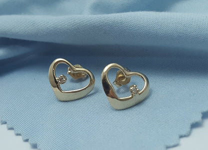 14K Yellow Gold Designer Stud Heart Earrings with Diamonds