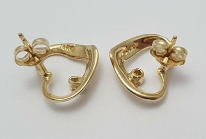 14K Yellow Gold Designer Stud Heart Earrings with Diamonds