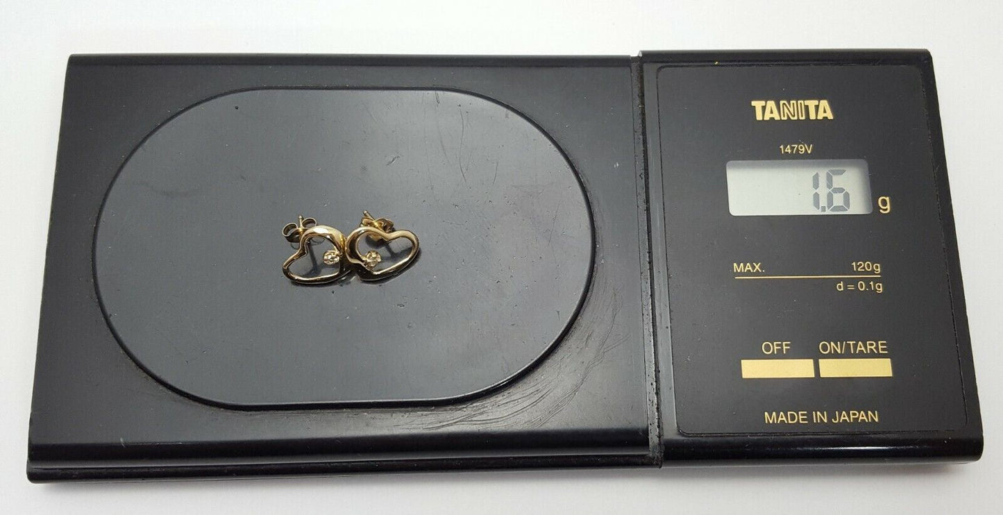 14K Yellow Gold Designer Stud Heart Earrings with Diamonds