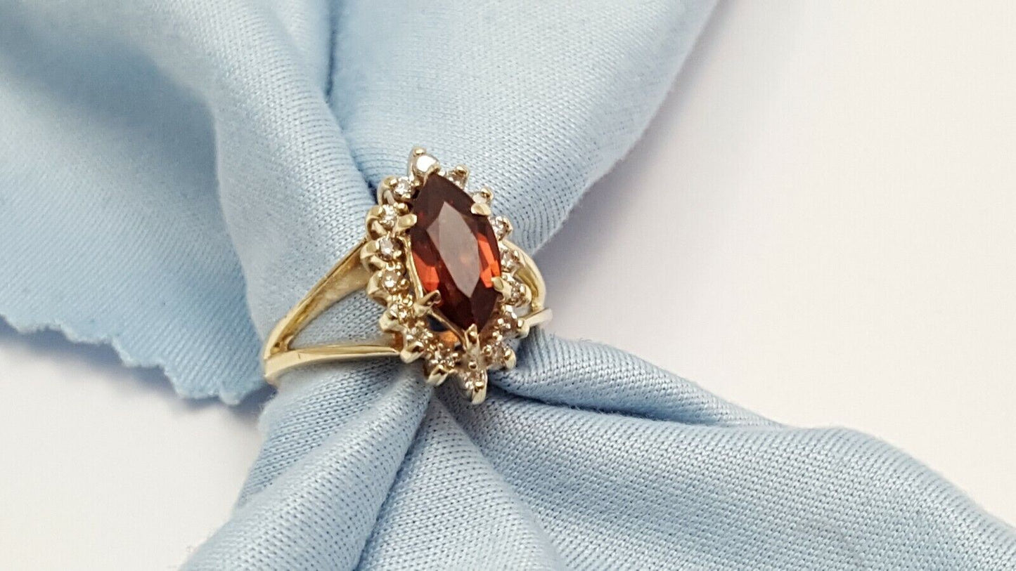 14K Solid Yellow Gold Garnet & Diamond Ring