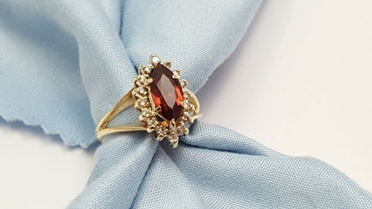 14K Solid Yellow Gold Garnet & Diamond Ring