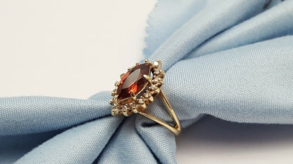 14K Solid Yellow Gold Garnet & Diamond Ring