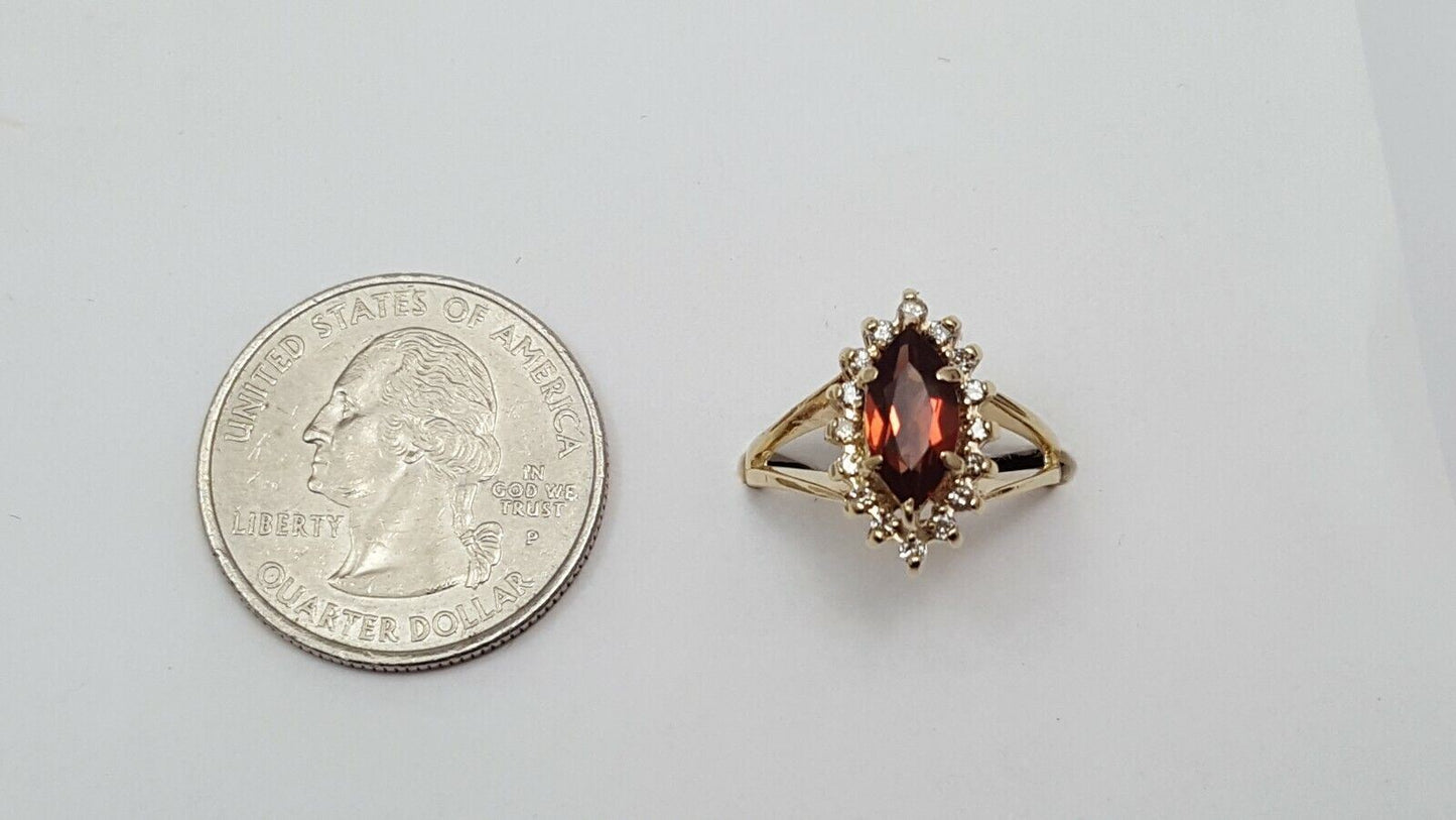 14K Solid Yellow Gold Garnet & Diamond Ring