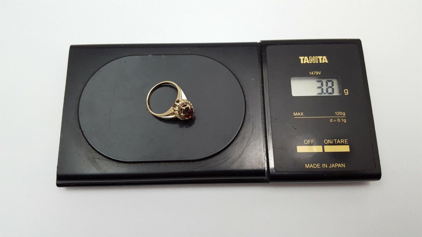 14K Solid Yellow Gold Garnet & Diamond Ring