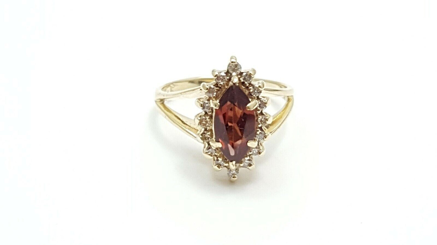 14K Solid Yellow Gold Garnet & Diamond Ring