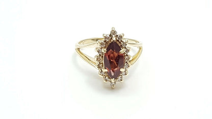 14K Solid Yellow Gold Garnet & Diamond Ring