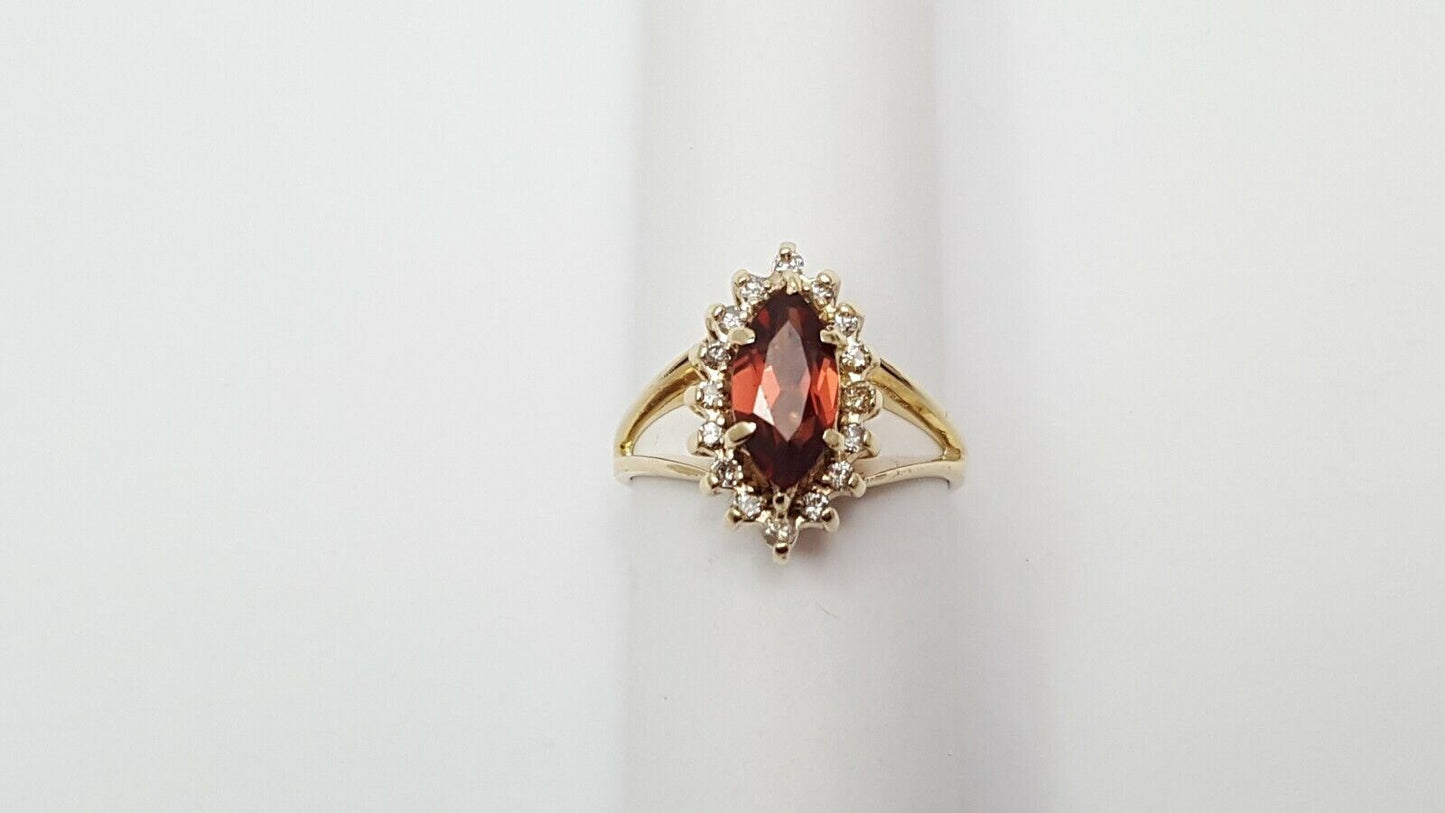 14K Solid Yellow Gold Garnet & Diamond Ring