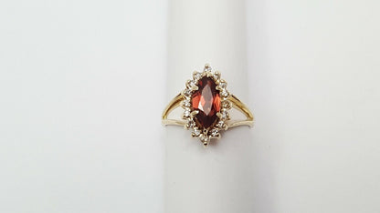 14K Solid Yellow Gold Garnet & Diamond Ring