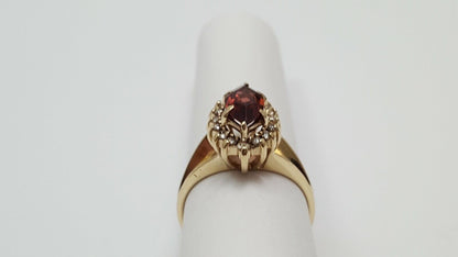 14K Solid Yellow Gold Garnet & Diamond Ring