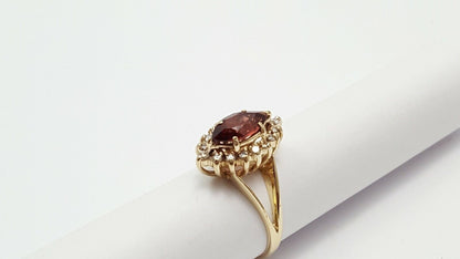 14K Solid Yellow Gold Garnet & Diamond Ring