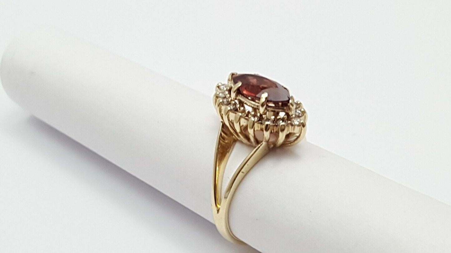 14K Solid Yellow Gold Garnet & Diamond Ring