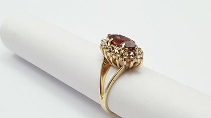 14K Solid Yellow Gold Garnet & Diamond Ring