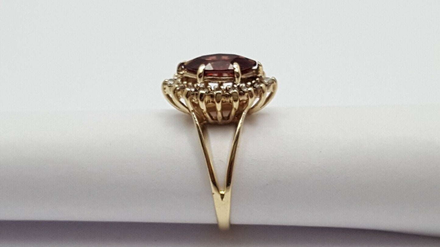 14K Solid Yellow Gold Garnet & Diamond Ring