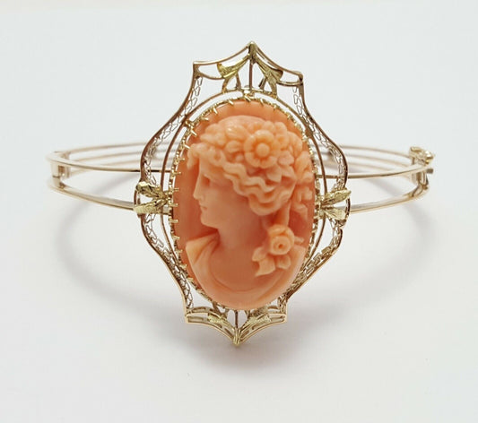 10K Yellow Gold Rose Coral Cameo Bangle Bracelet