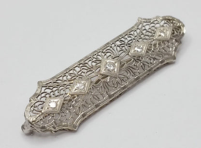 Vintage Victorian 14K Solid White Gold Designer Diamond Brooch Pin