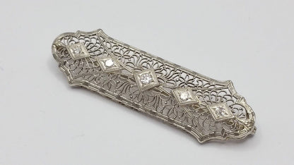 Vintage Victorian 14K Solid White Gold Designer Diamond Brooch Pin