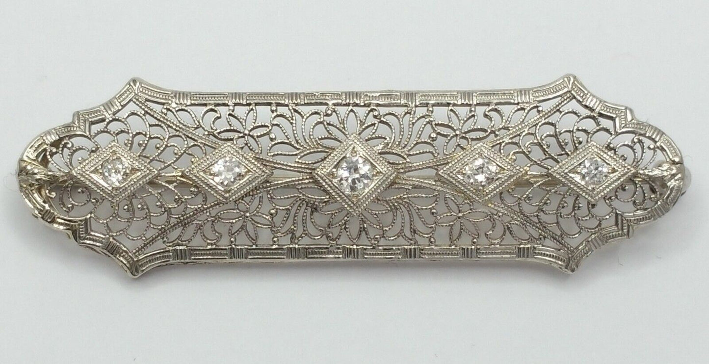 Vintage Victorian 14K Solid White Gold Designer Diamond Brooch Pin