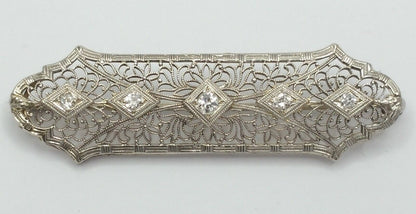 Vintage Victorian 14K Solid White Gold Designer Diamond Brooch Pin