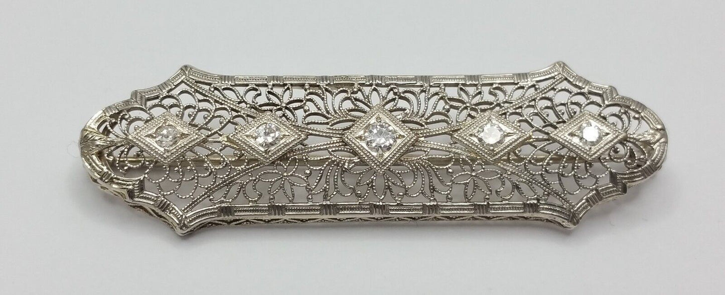 Vintage Victorian 14K Solid White Gold Designer Diamond Brooch Pin