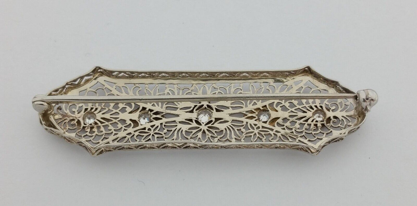 Vintage Victorian 14K Solid White Gold Designer Diamond Brooch Pin