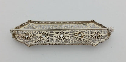 Vintage Victorian 14K Solid White Gold Designer Diamond Brooch Pin