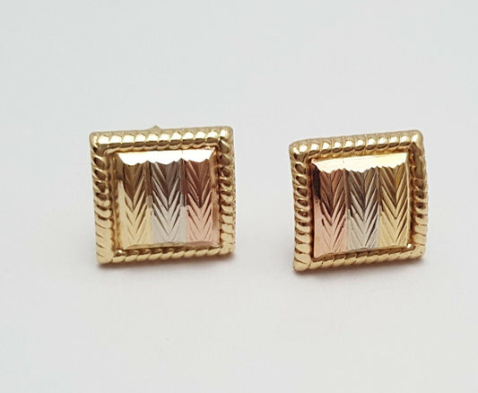 10K Tri Tone Tri Color Gold Designer Square Stud Earrings