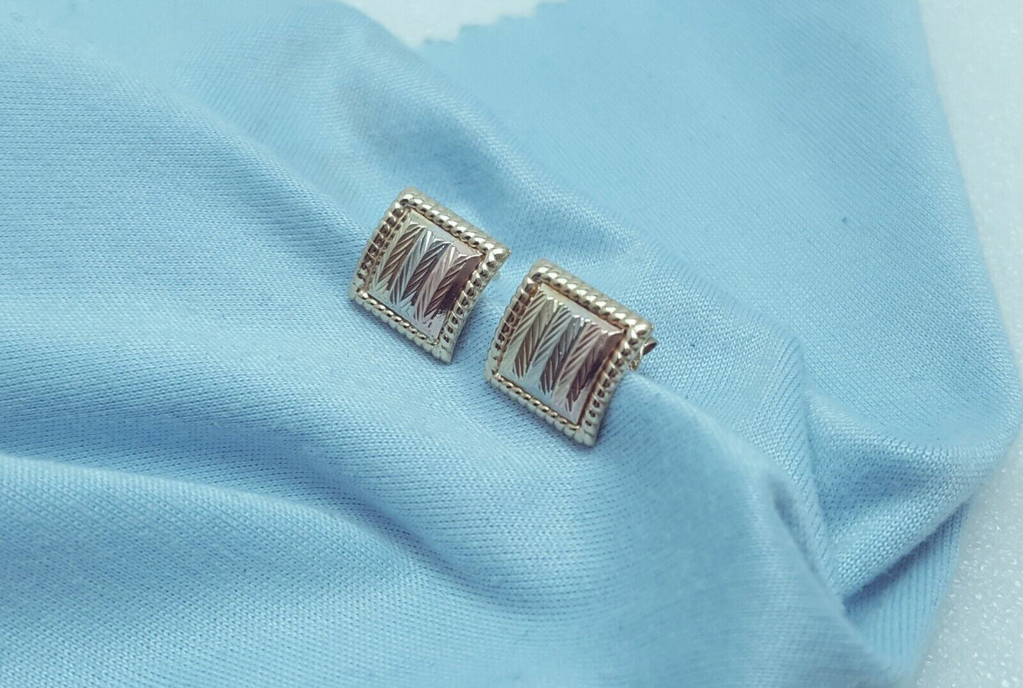 10K Tri Tone Tri Color Gold Designer Square Stud Earrings